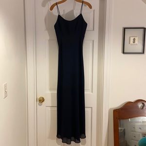 Floor length navy sheer gown